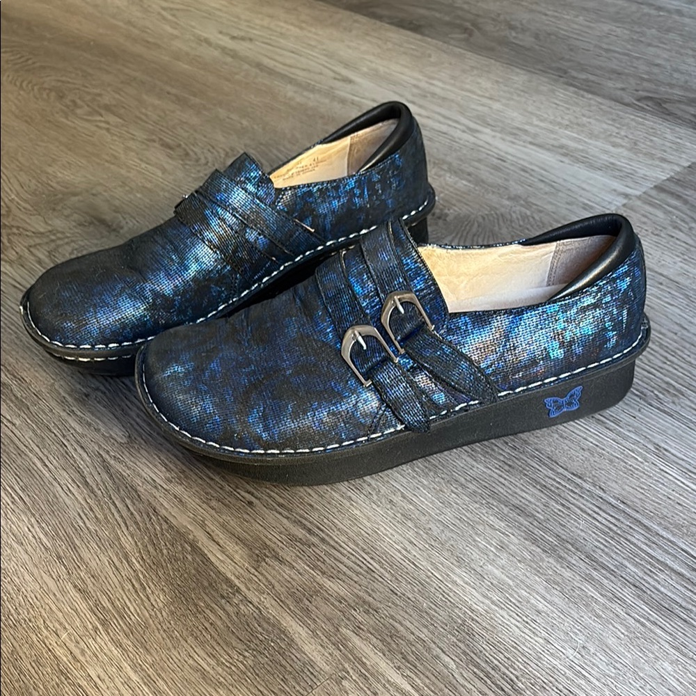 Alegria Blue and Black Loafers with Adjustable Buckles